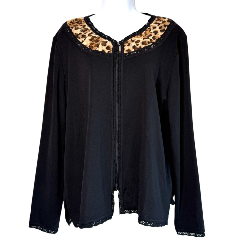 Exclusively Misook Leopard‎ Lace Detail Zip Up Cardigan Size XL Sophisticated
